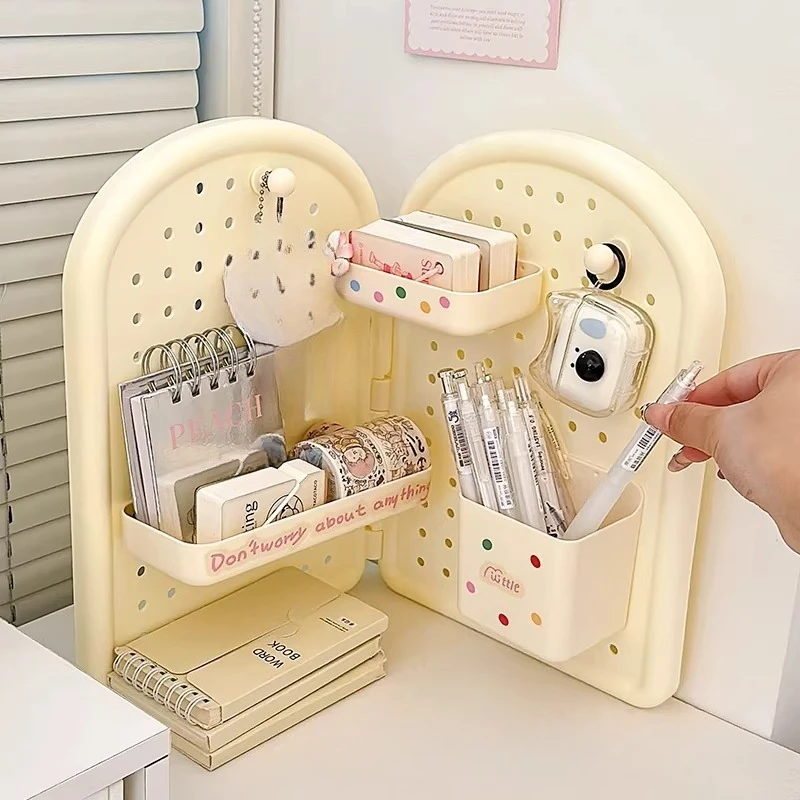 Cute Foldable Corner Pegboard Desk Organizer Kawaii Stationery Storage with Removable Bins Hooks Ideal for Office Study Table