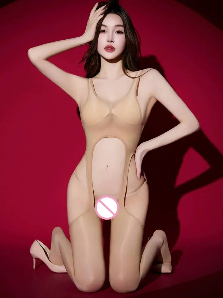 

6D Oil Shiny Women Jumpsuit Sexy Four Side Hollow Out See Through Crotchless Tights High Elastic Sheer Allure Leotard Nightwear