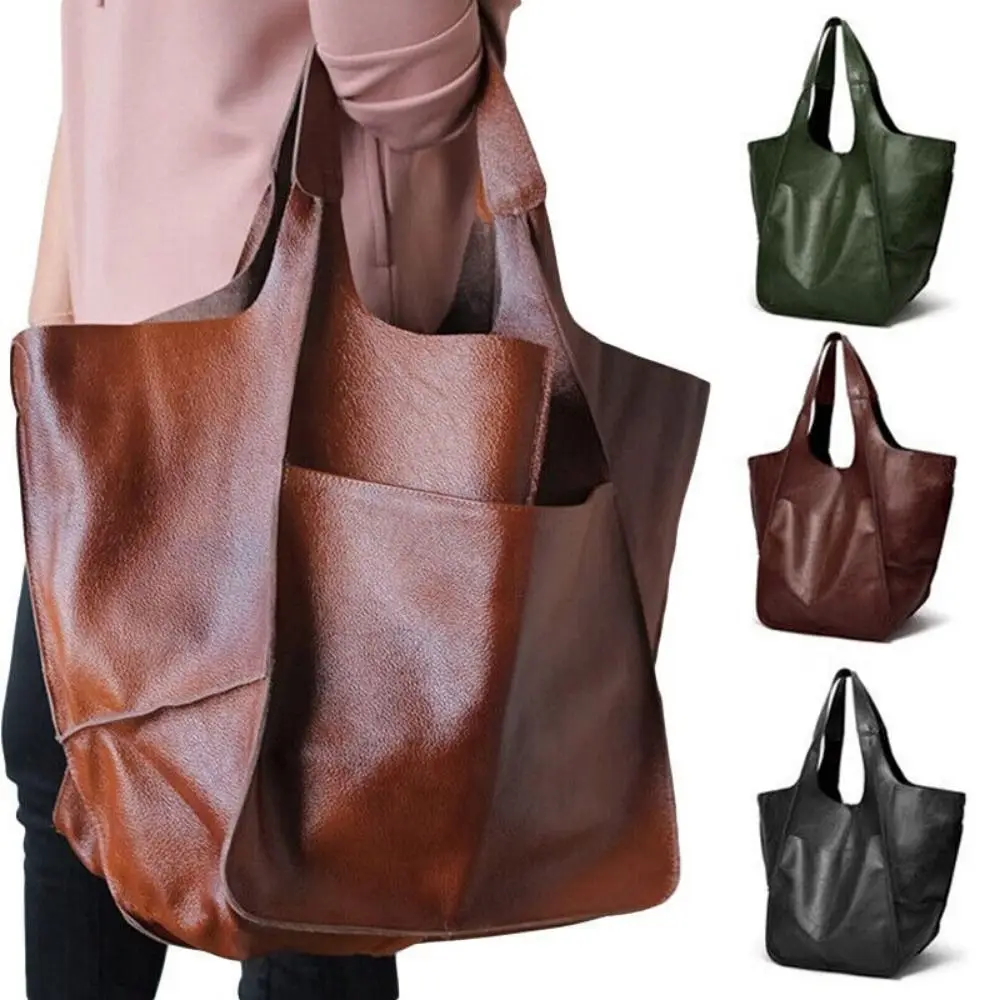 

Multifunctional PU Leather Tote Bag High-capacity Solid Color Shoulder Bags Luxury Vintage Commuting Bags Girls