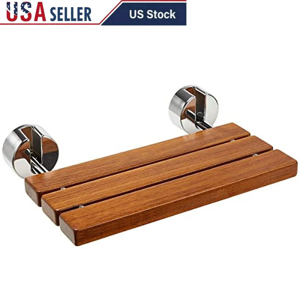 Folding Teak Shower Bench Wall Mounted Bathroom Seat Support 400lbs Elegance Practicality