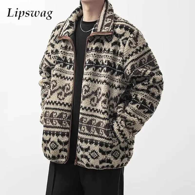 

Теплая флисовая куртка, мужская зимняя уличная повседневная куртка на молнии с воротником-стойкой, весенняя уличная одежда 2026, винтажные флисовые пальто с геометрическим рисунком