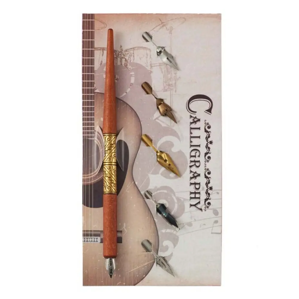 Creative Wood Handle Dip Pen Set Animation Lettering With 5 Nibs Calligraphy Pen Vintage Art Drawing Dipping Pen Hand Writing