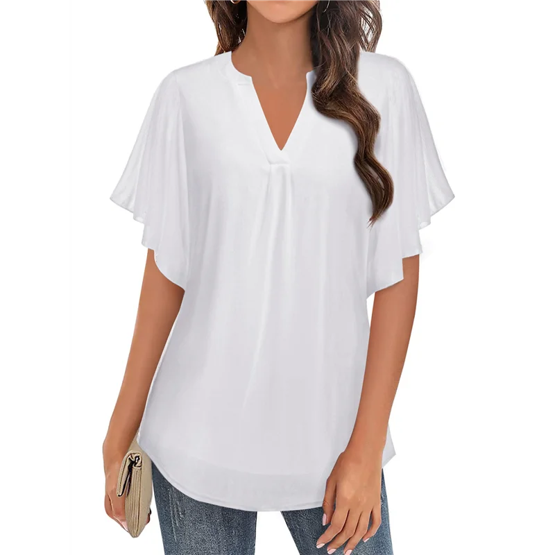 

ABRT-Women's Short Sleeve V Neck Blouses Shirts Floral Double Layers Mesh Tunics Tops