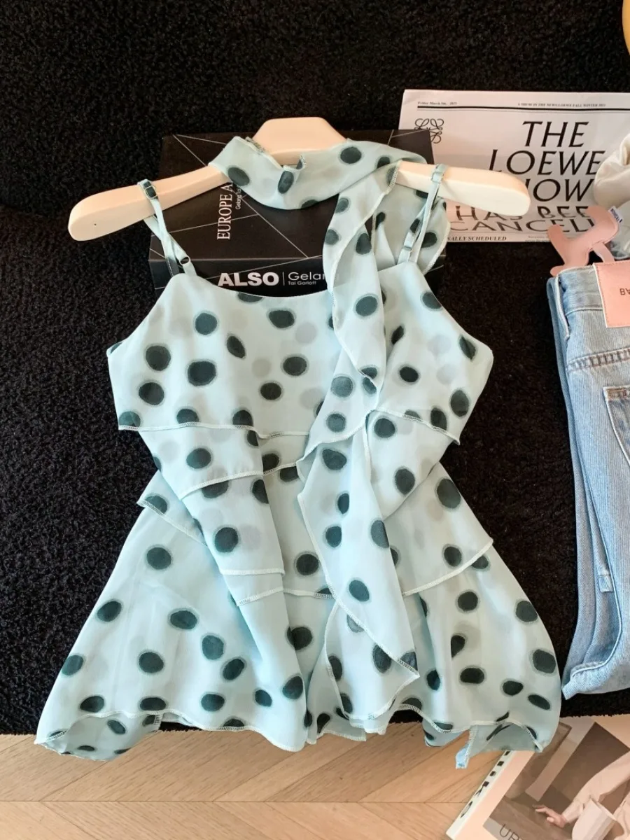 

Blue Polka Dot Halter Neck Vest Women's Summer New Style Fashionable Ruffle Shoulder Doll Shirt Top Lace Trim Sleeveless Dress