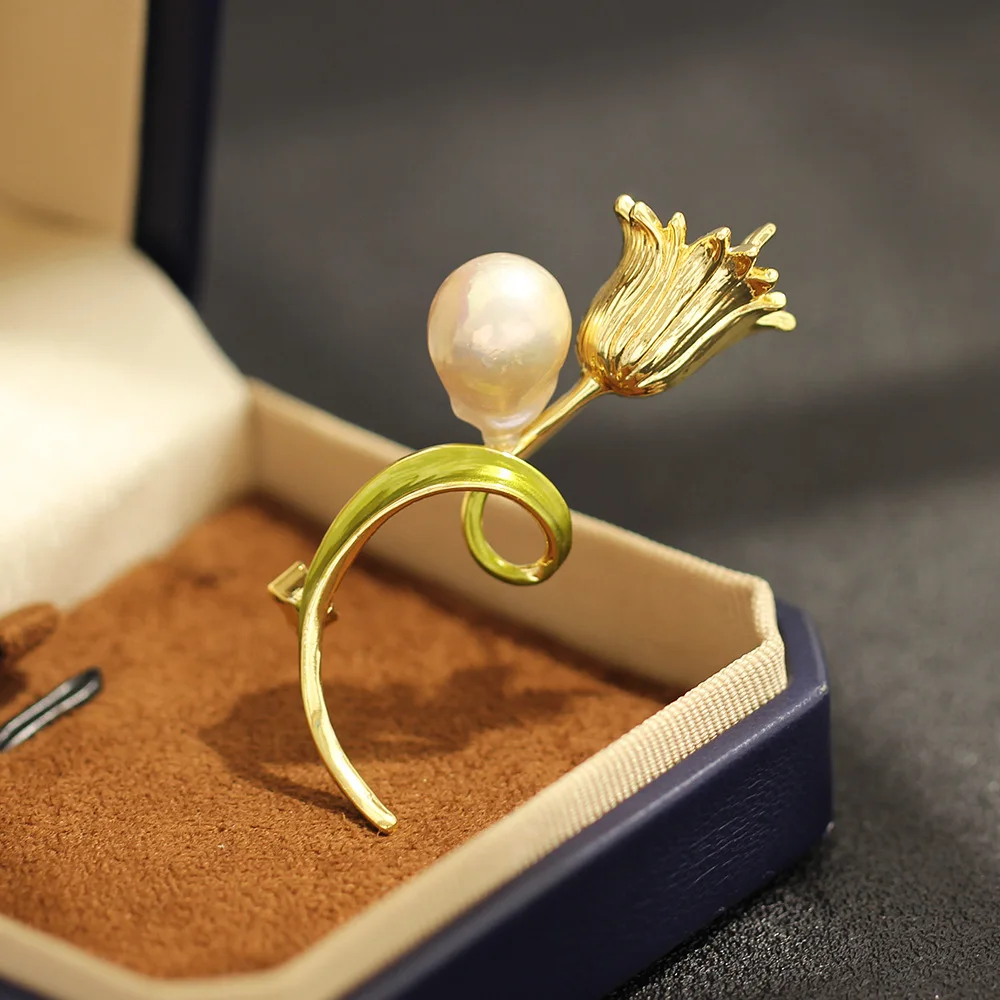 

Vintage Tulip Brooch,Baroque Pearl & Enamel Drip Design, Elegant Floral Corsage