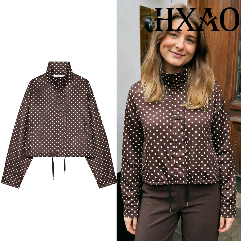 HXAO 2026 Damen Polka Dot Jacke Übergangsjacke Braune Windjacke Damen Streetwear Langarm-Oberteil Bomberjacke Kurzer Mantel