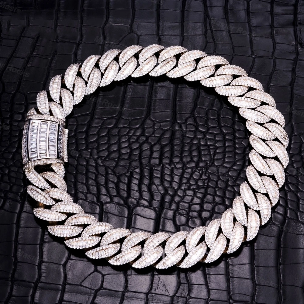 

20mm Hiphop Cuban Chain 925 Sterling Silver Iced Out Baguette Miami VVS Moissanite Cuban Link Bracelet