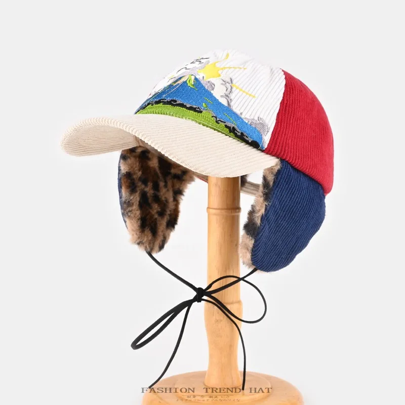 

Korean Leopard Print Corduroy Baseball Caps Autumn and Winter Men's and Women's Warm Ear Protection Trend Flying Bomber Hats
