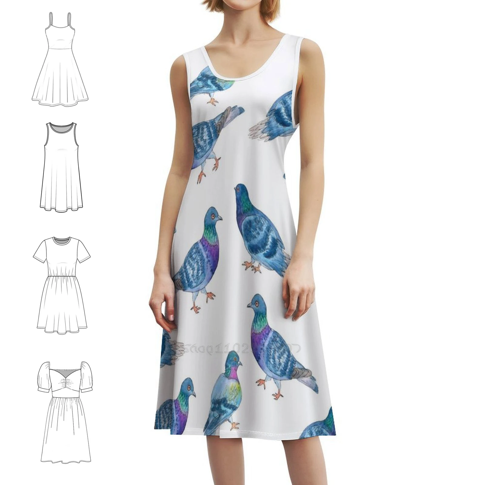 Robe smockée florale de Pigeons peints par l'eau pour femmes, tenue décontractée de printemps et d'été pour fête, motif aquarelle de Pigeons