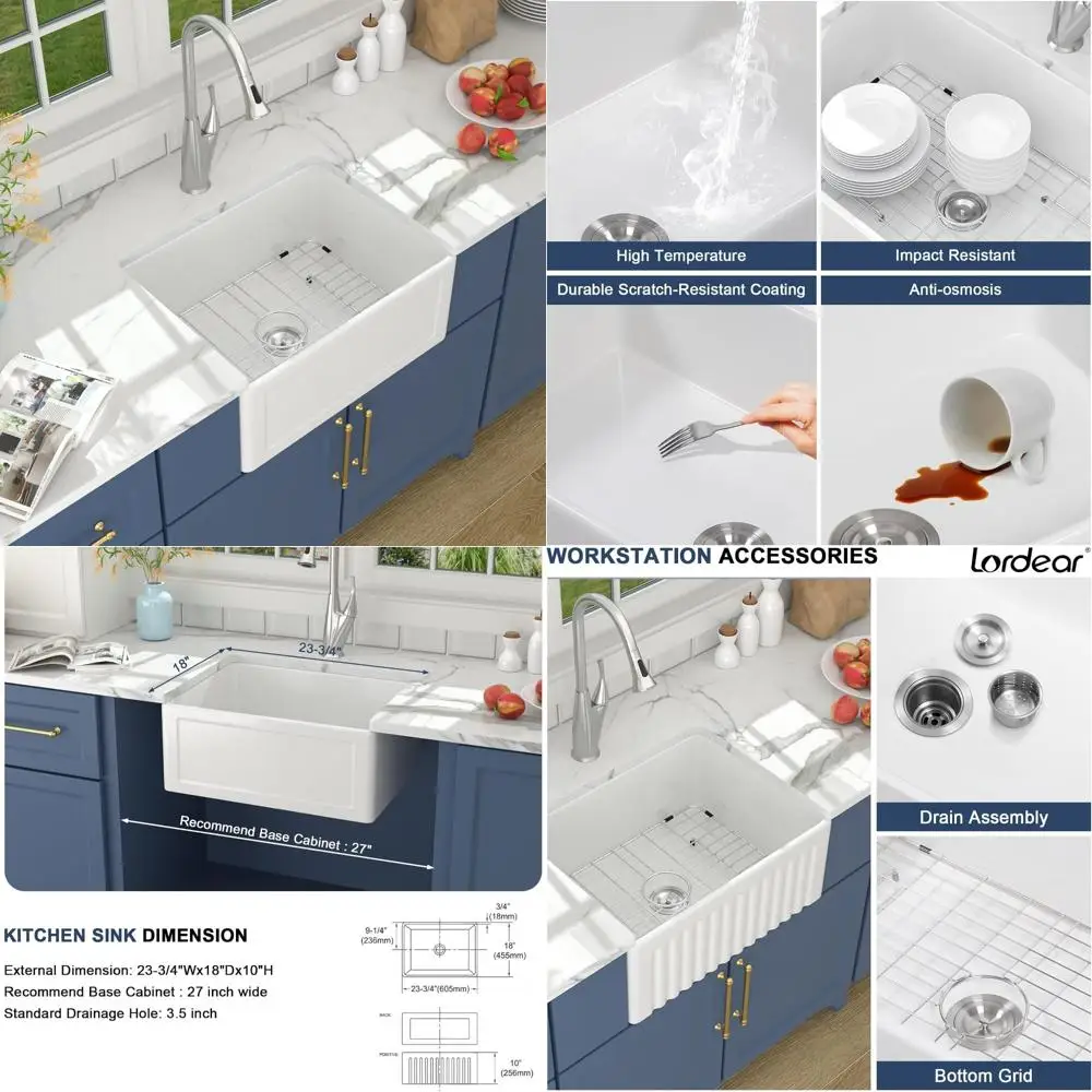 

24 Inch White Single Bowl Apron Front Fireclay Porcelain Ceramic Farmhouse Kitchen Sink with Reversible Design