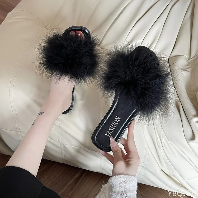Mules Slippers Women Fashion Square Toe Furry Flat Shoes Office Ladies Slides Flats Green White Pink Zapatillas Mujer