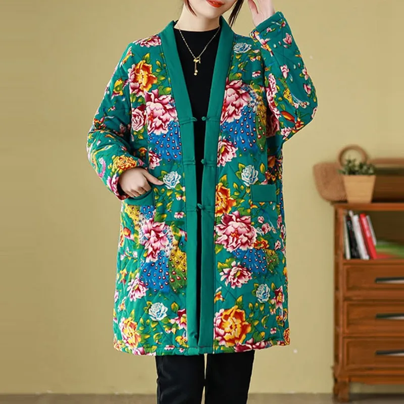 Women Casual Padded Coats New Arrival 2023 Autumn Chinese Style Vintage V-neck Floral Print Loose Female Long Jackets B3209