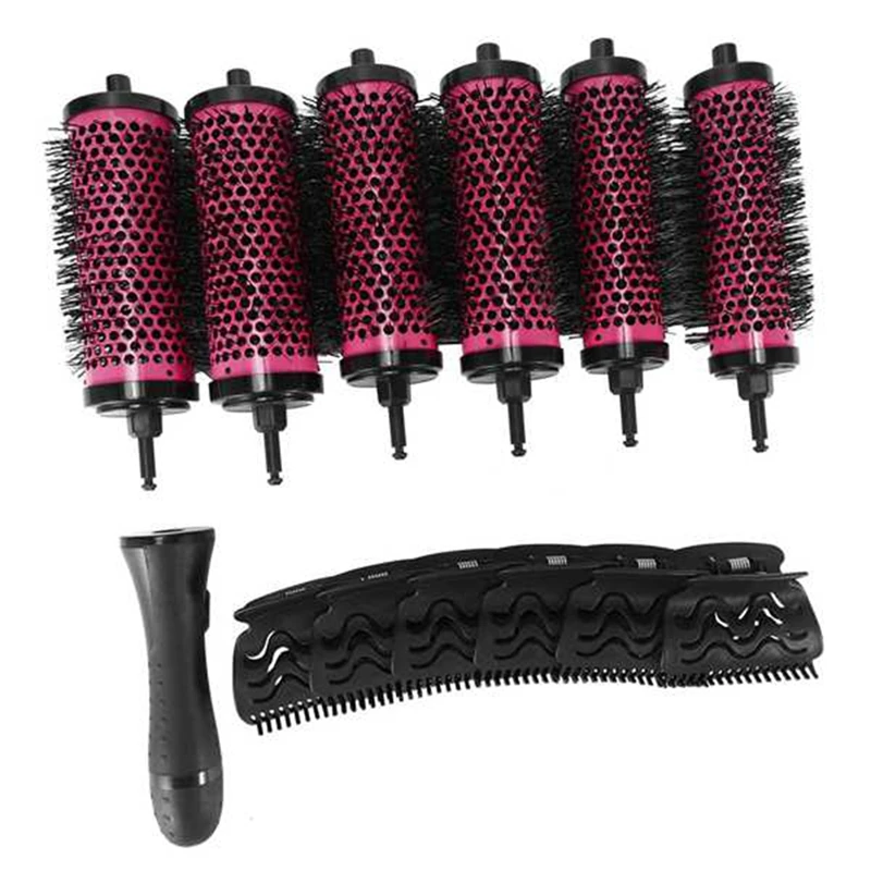 6Pcs/Set Detachable Handle Hair Roller Brush With Positioning Clips Aluminum Ceramic Barrel Curler Comb Hairdresser