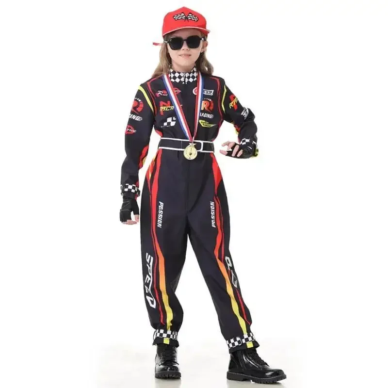 Teenager Racing Role-playing Costume Cosplay Jumpsuit with Belt Set for Racing Themed Performance Wear A Hat One-Piece Training view 2