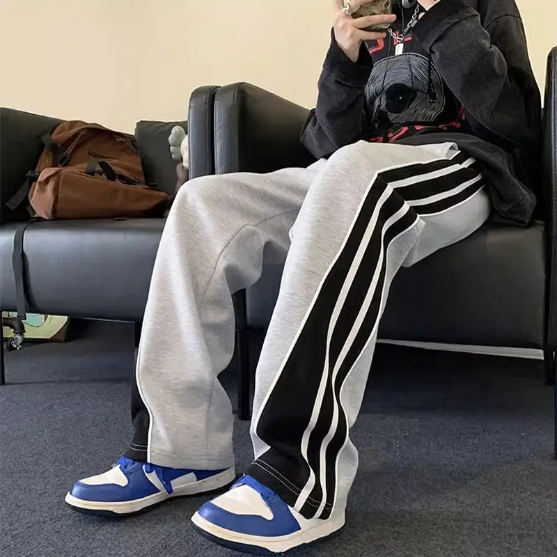 

American style joint men and women spring/summer striped patchwork casual pants trend loose straight leg wide leg sports pants