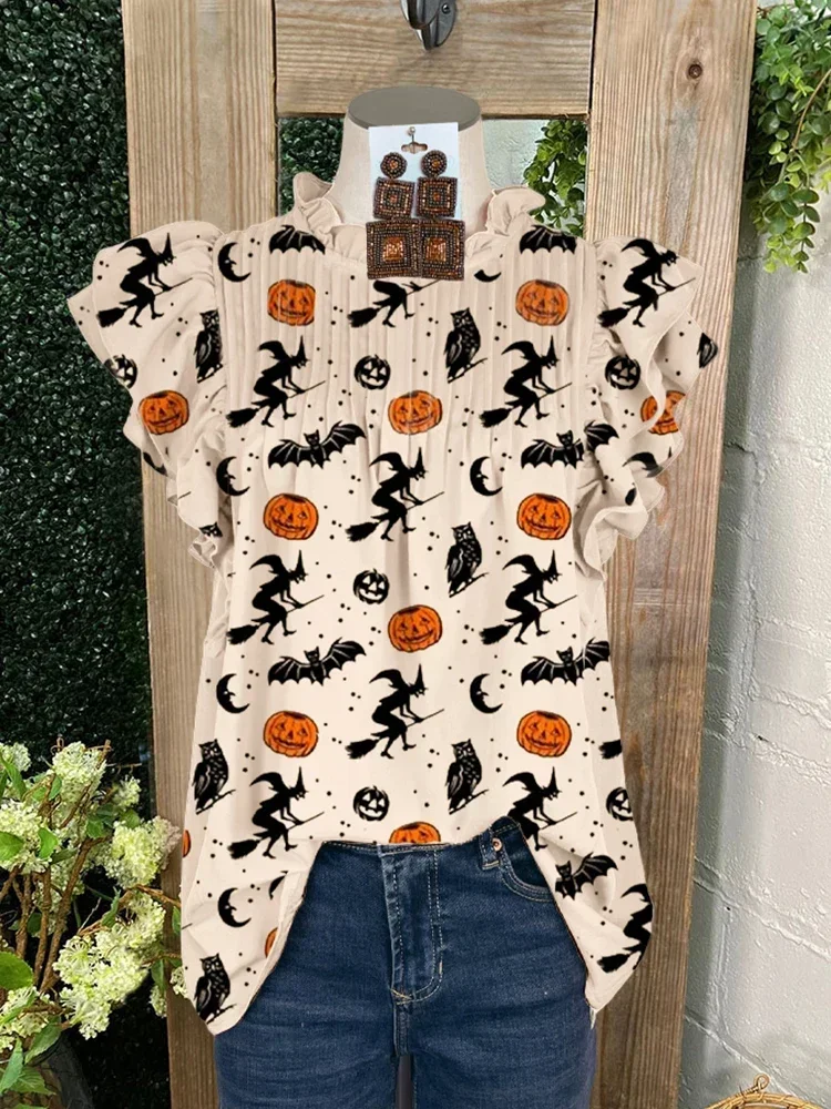 Elegant Ruffled Sleeve Paneled Pleated Pumpkin Top Halloween Pumpkin Print Blouse