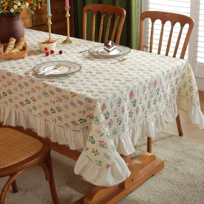 French Dustproof Decoration Dining Tablecloth Square Hemp Cloth Print Table Cloth Home Kitchen Table Cover With lace Or Tassels