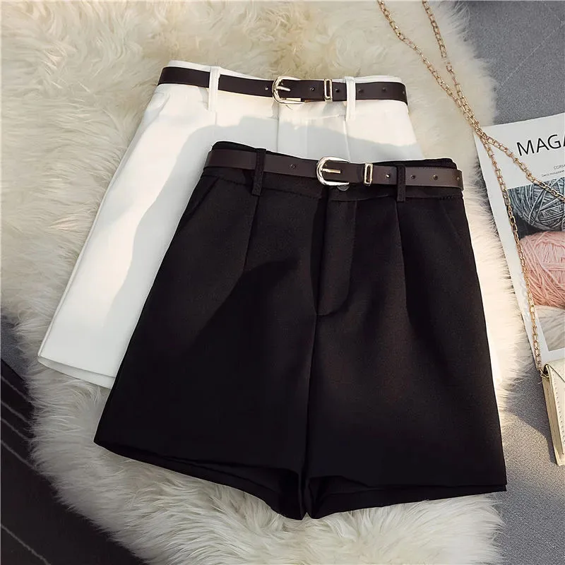 

Casual With Belt Suit Shorts Women Summer High Waist Loose Casual Wide Leg Shorts Korean Chic Office Lady All-match Shorts