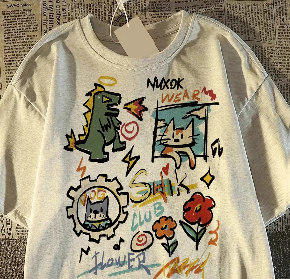 2025 Summer Japanese Retro Style Cartoon Graffiti Print Cotton White Men's Short Sleeve T-Shirt Couple Gray Loose Casual Top