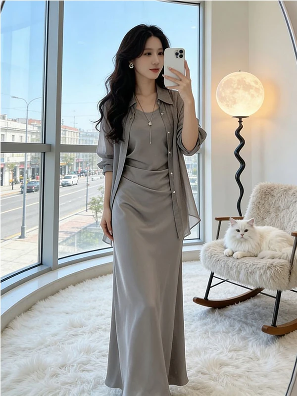 Summer New Style Slimming Two-Piece Set Elegant Draped Satin Dress with Sun Protection Shirt Long Sleeve Casual Wear for Women view 2