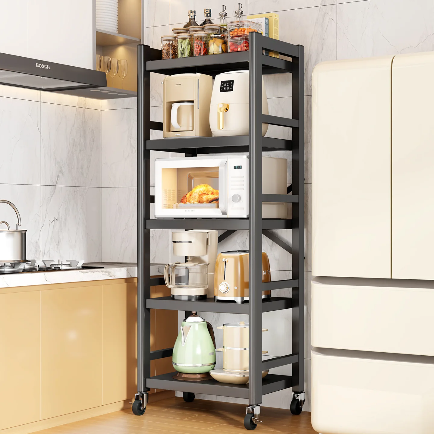 Kitchen folding rack Steel household kitchen storage rack Floor to ceiling multi-layer wheeled mobile trolley