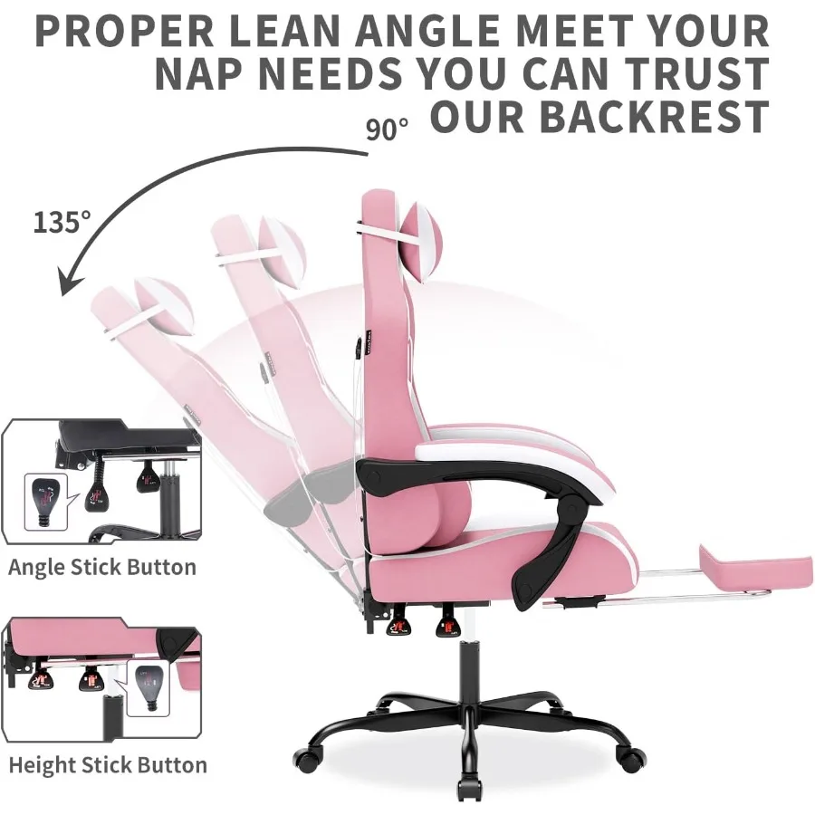 เก้าอี้เกมมิ่งสีชมพูพร้อมฟังก์ชันนวด ดีไซน์ตามหลักสรีรศาสตร์สำหรับการเล่นเกมเป็นเวลานาน เก้าอี้พีซีพนักพิงสูงพร้อมที่วางเท้าปรับได้