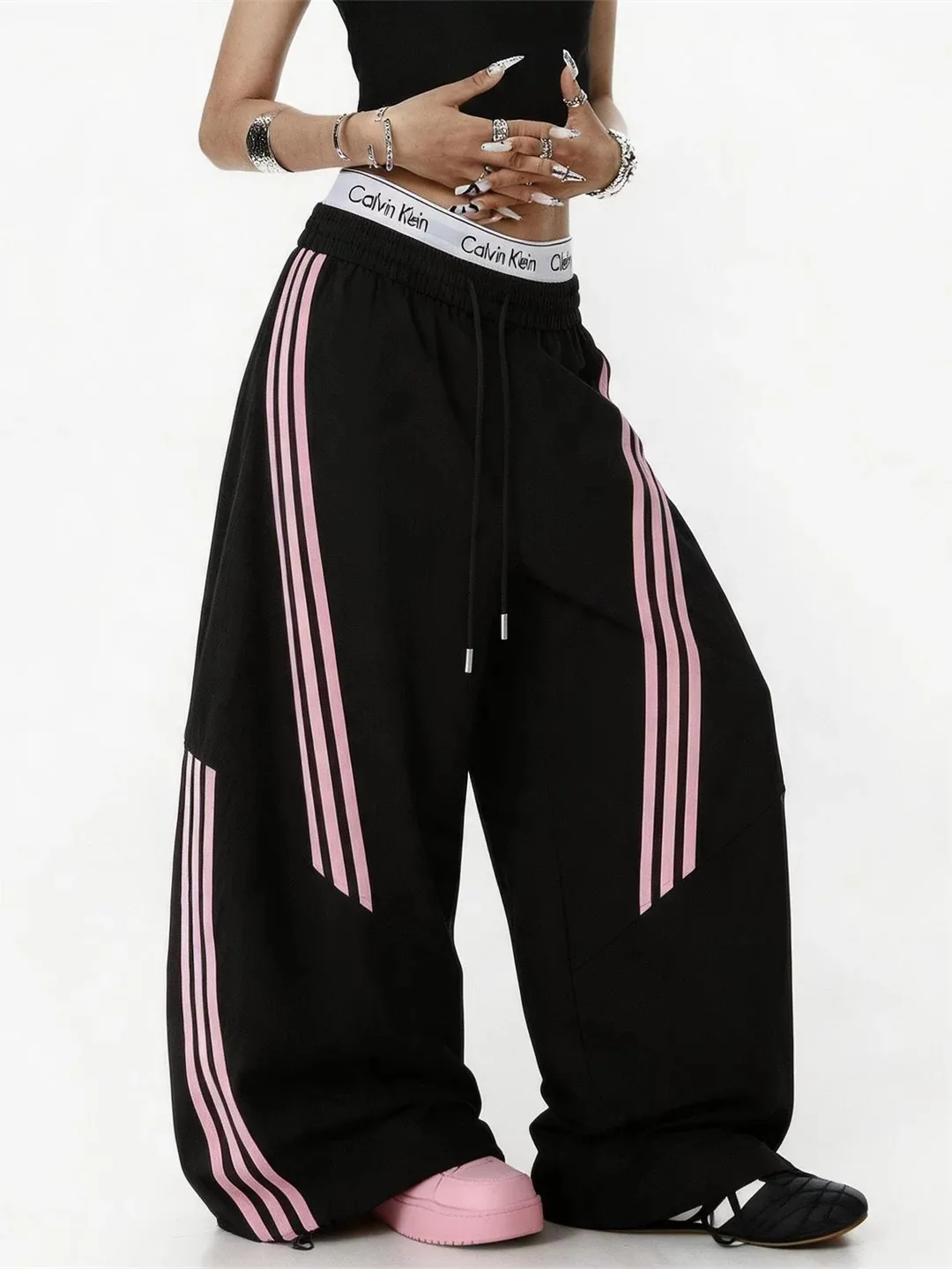 

Women's Stripe Patchwork Sport Pants Summer 2026 Jazz Dance Wide Leg Loose Drape Casual Trousers High Waist Elastic Waist