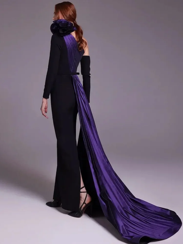 

Elegant Evening Dresses One-Shoulder Purple Black Prom Gown Mermaid Long Sleeves Ruffles Floor-Length Formal Gowns customized