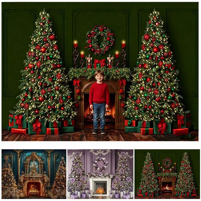 LS Winter Christmas Fireplace Backdrop Photography Luxury Xmas Tree Wreath Candle Background Family Portrait Studio