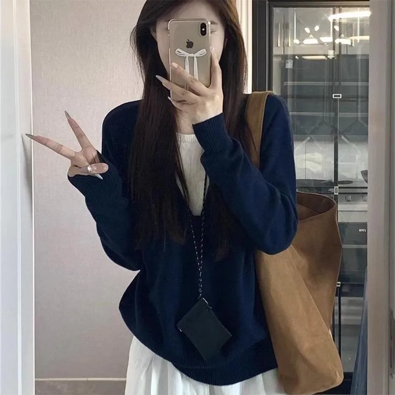 

Women's Clothing Fashion False Two-piece Long Sleeve Knit Pullovers Autumn Winter New Elegant All-match Patchwork Sweaters Tops