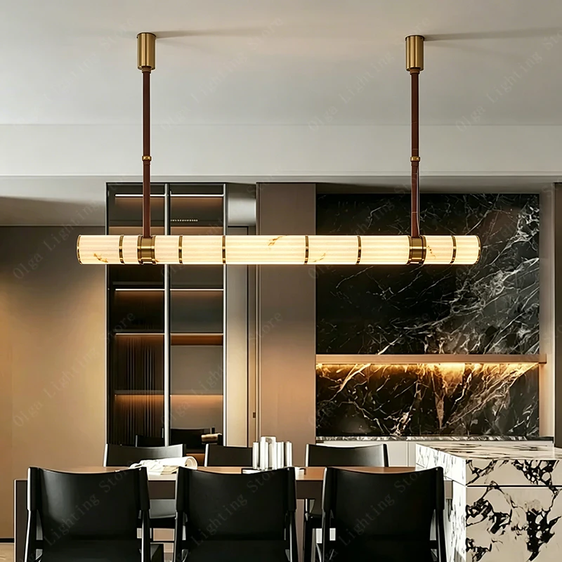 Modern Dining Room Decoration Imitation Marble Pendant Light Long, High-end Leather Strip Hanglamp for Kitchen Island Lamparas