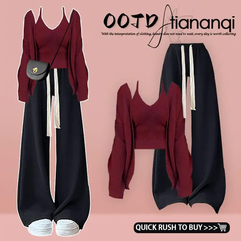 

Korean Hong Kong Sle Vest Top High Waist Wide Leg Pants Set Autumn Winter Layering Faion Ensemble Long Sve V-Ne Set