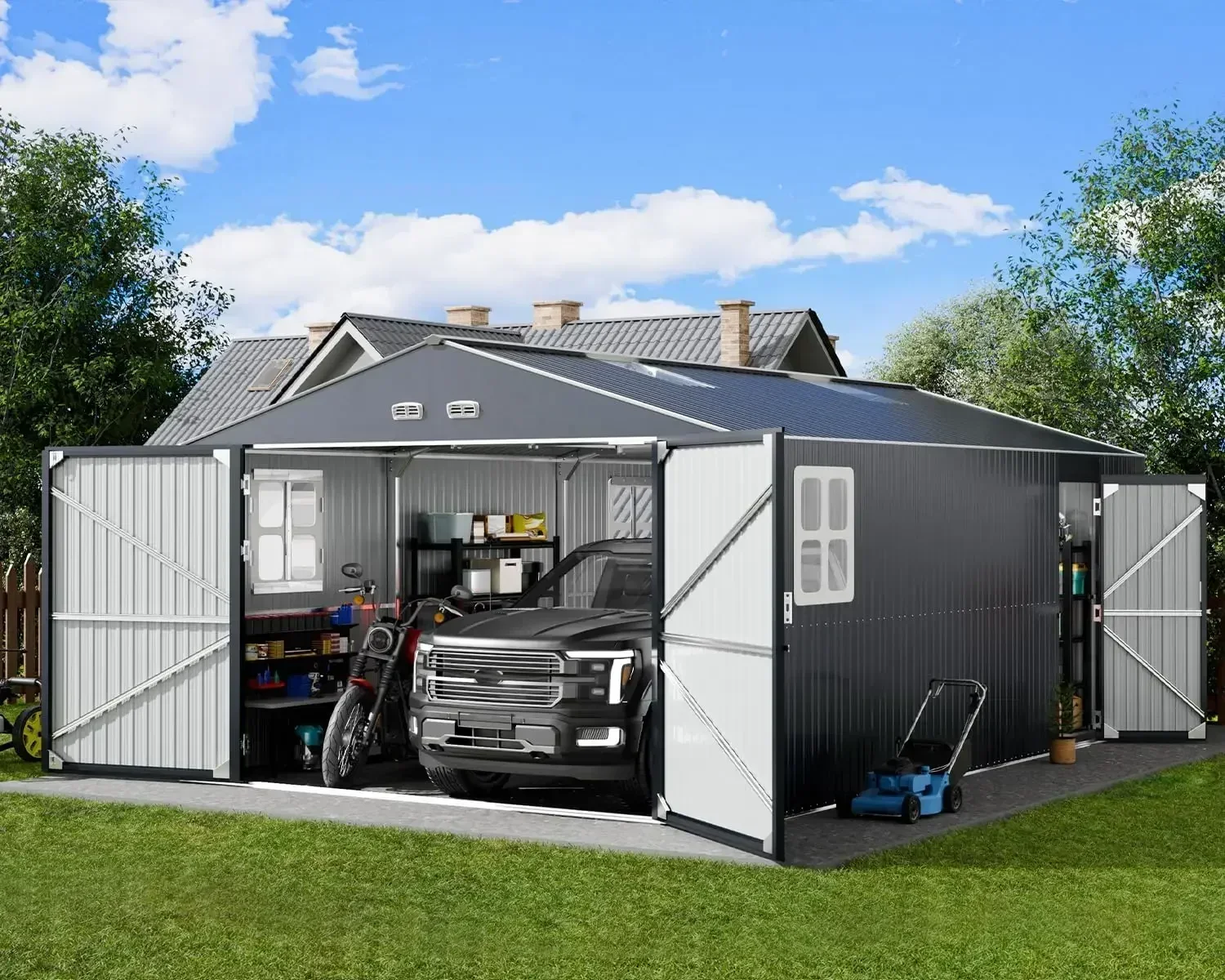 Metal Garage Shed Carport Workshop Base Floor Kit Steel Frame Skylight Dual Entry Snow Wind Rated