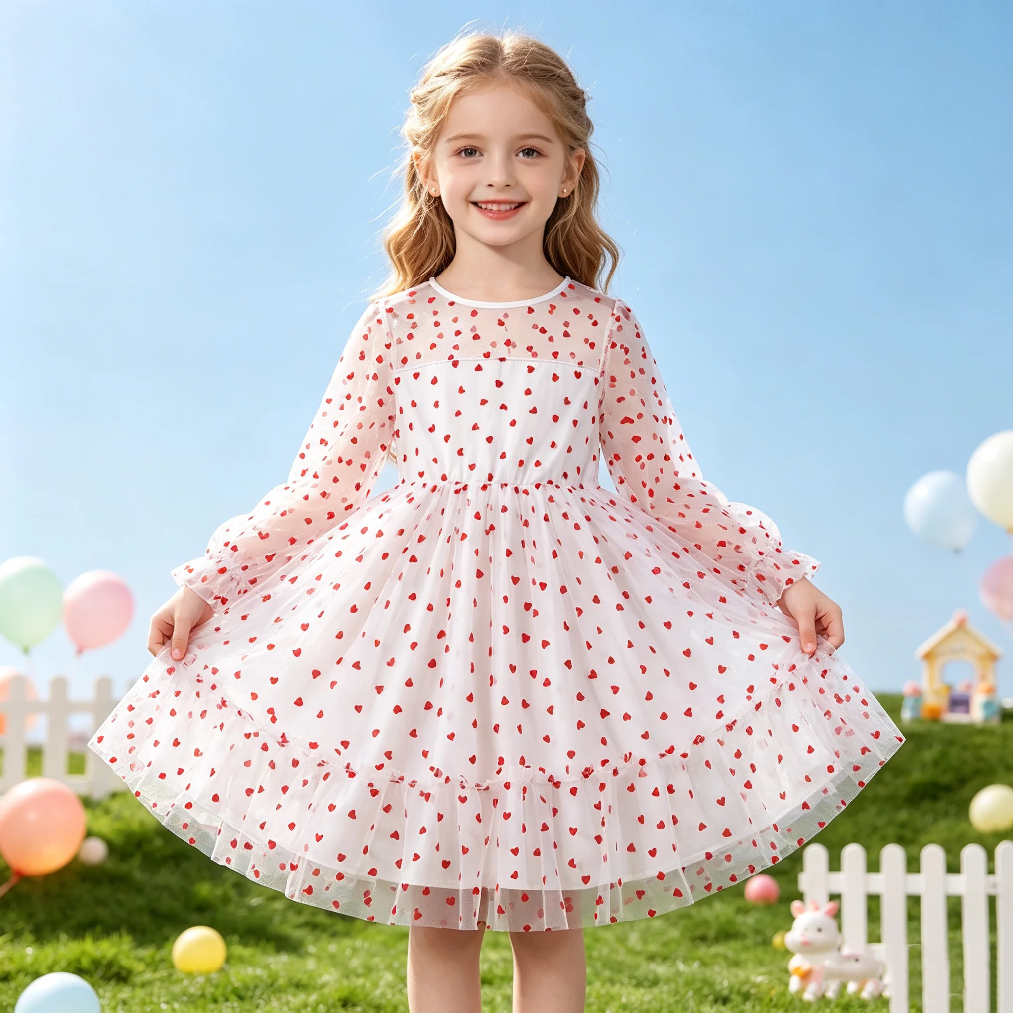 Children's Elegant Casual Pleated Skirt Dress with Trumpet Shaped Pattern Long Sleeved Two-Layer Comfortable Dress