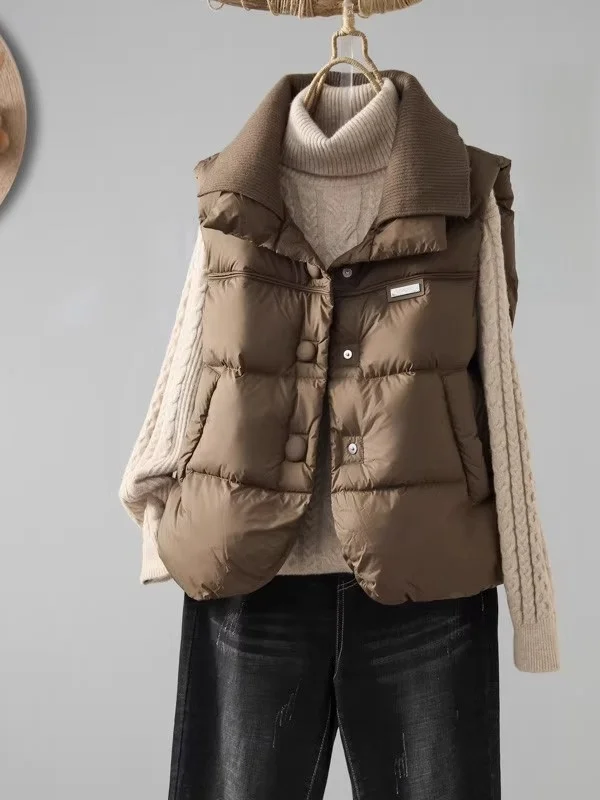 

High-End Caramel down Cotton Vest Women's Winter New Sle Interlayer Warmth oulder Pad Vest Cotton Jaet Outerwear