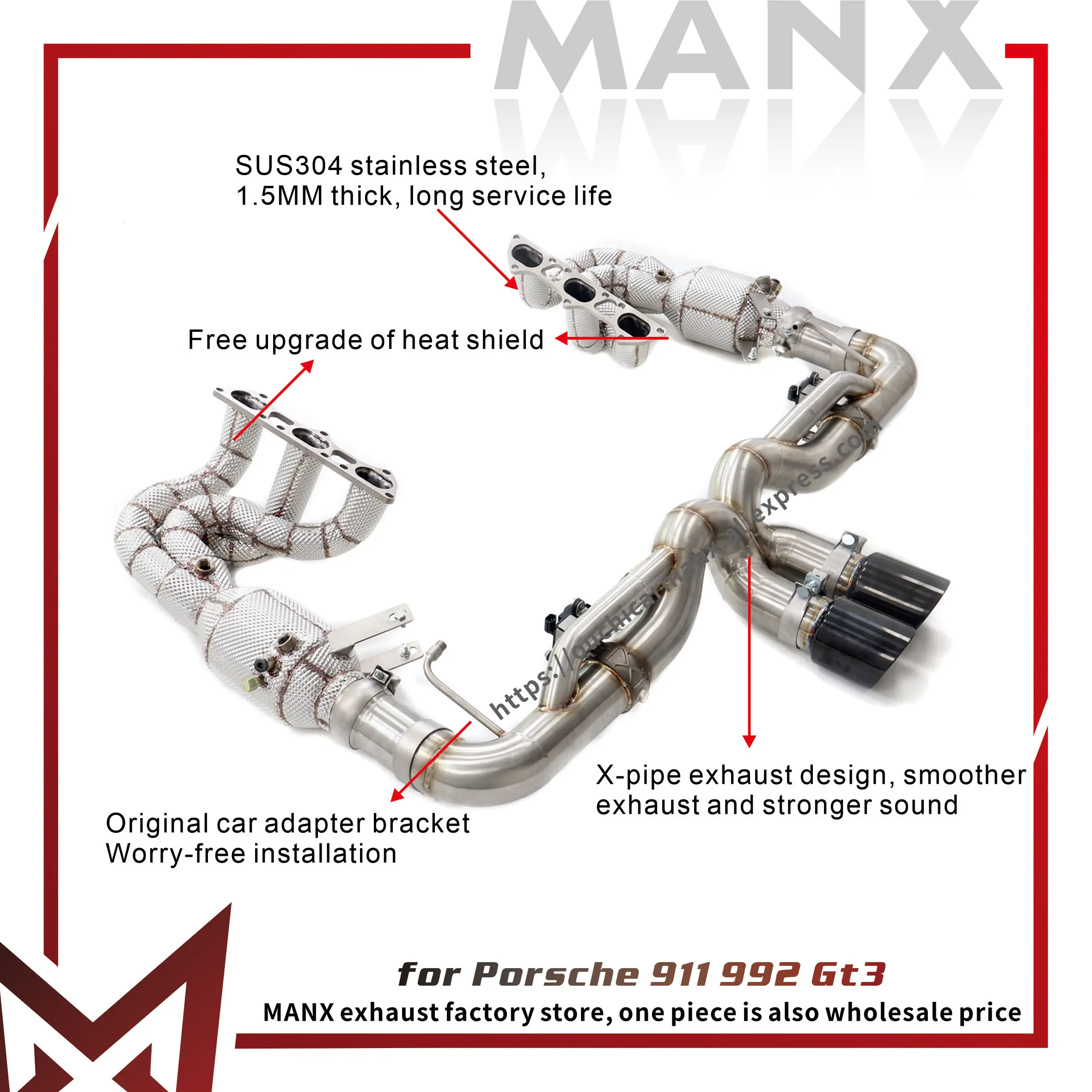 

MANX Full Exhaust System for Porsche 911 992 GT3 2019-2024, SS304 Catback Downpipe Header, X-Pipe Race Design, Electronic Valve