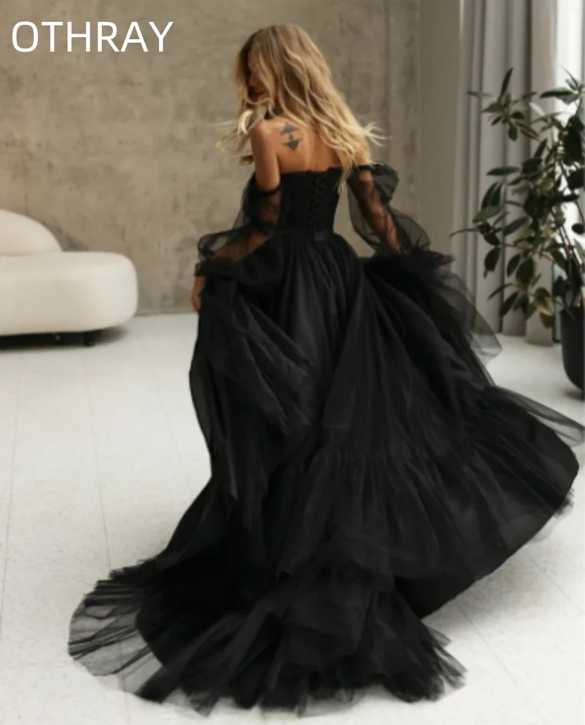 Una linea Off The Shoulder abito da sposa Lace Up Back abito da sposa muslimah os6 mazir vestido de novia Princess abito da sposa in Tulle nero