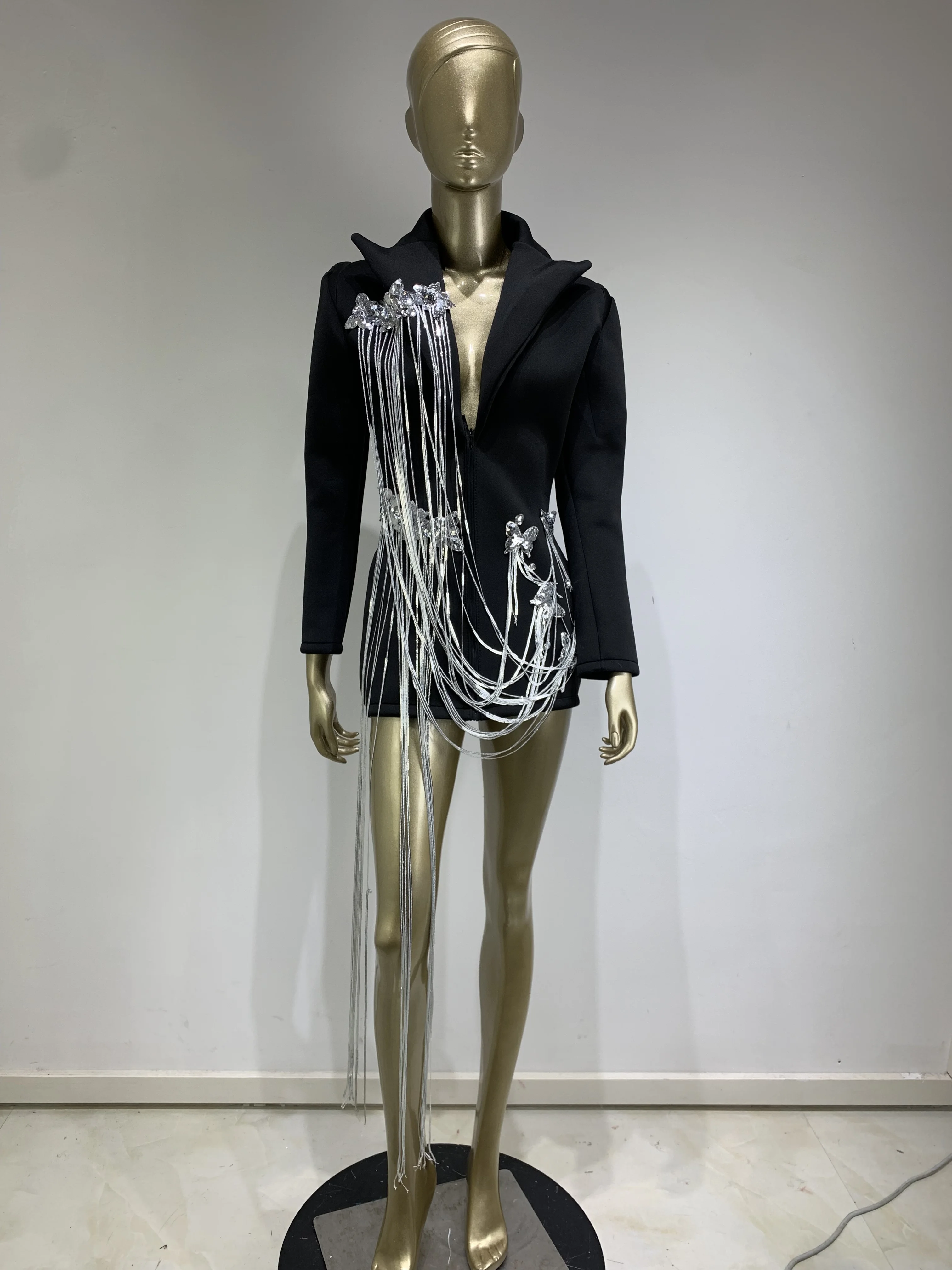 

Women Black Suit Dress Sexy Sparkling Tassel Sequins Party Dress Singer Nightclub Jazz Dancer Stage Performance Costume