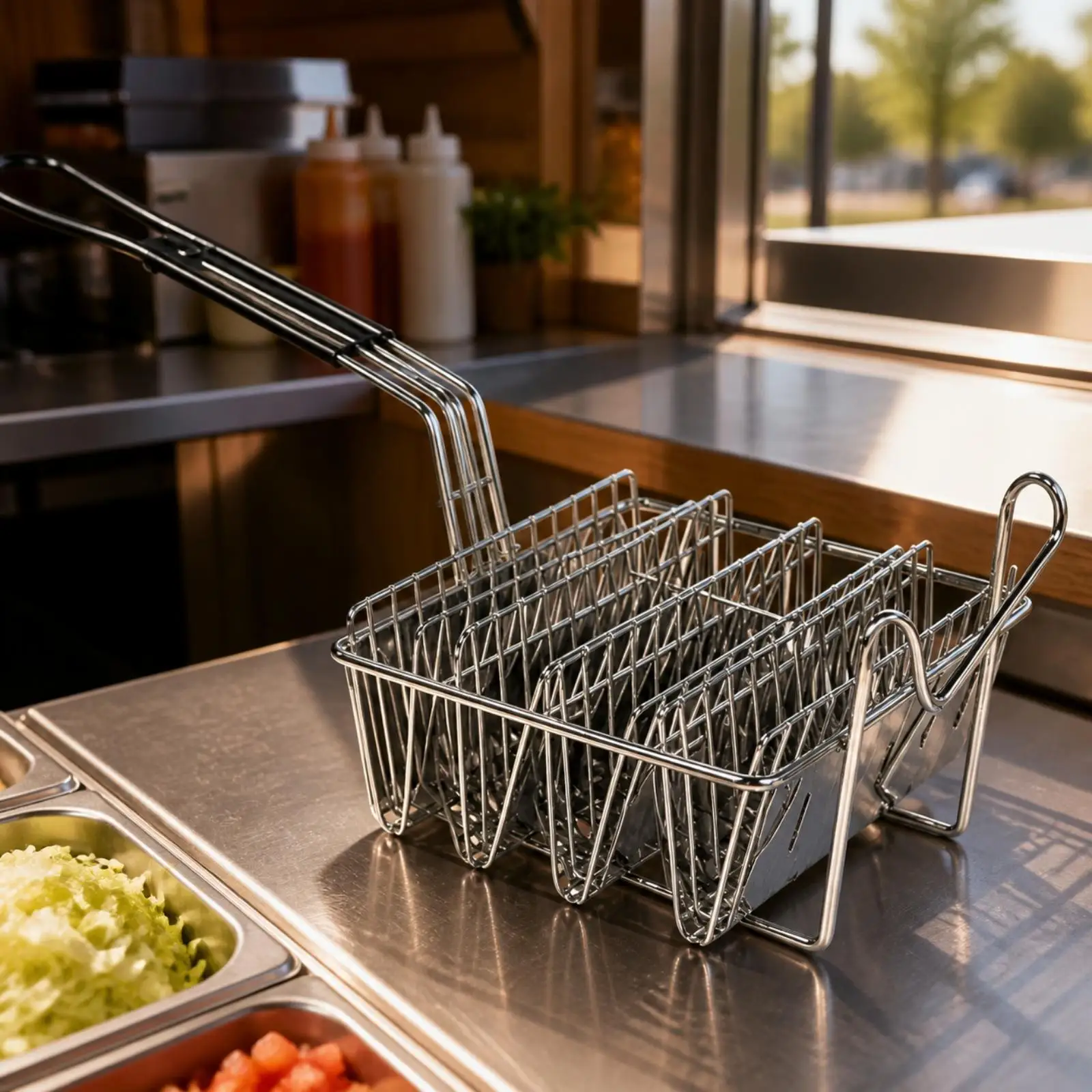 Taco Forming Frying Basket Stainless Steel Square Fryer with Slotted Metal Panels for Batch Cooking