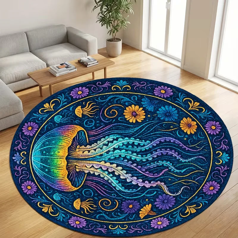 Vibrant Underwater Sea Turtle Jellyfish Coral Round Rug Dark Ocean Background Soft Non Slip Circular Carpet Bedroom Decor