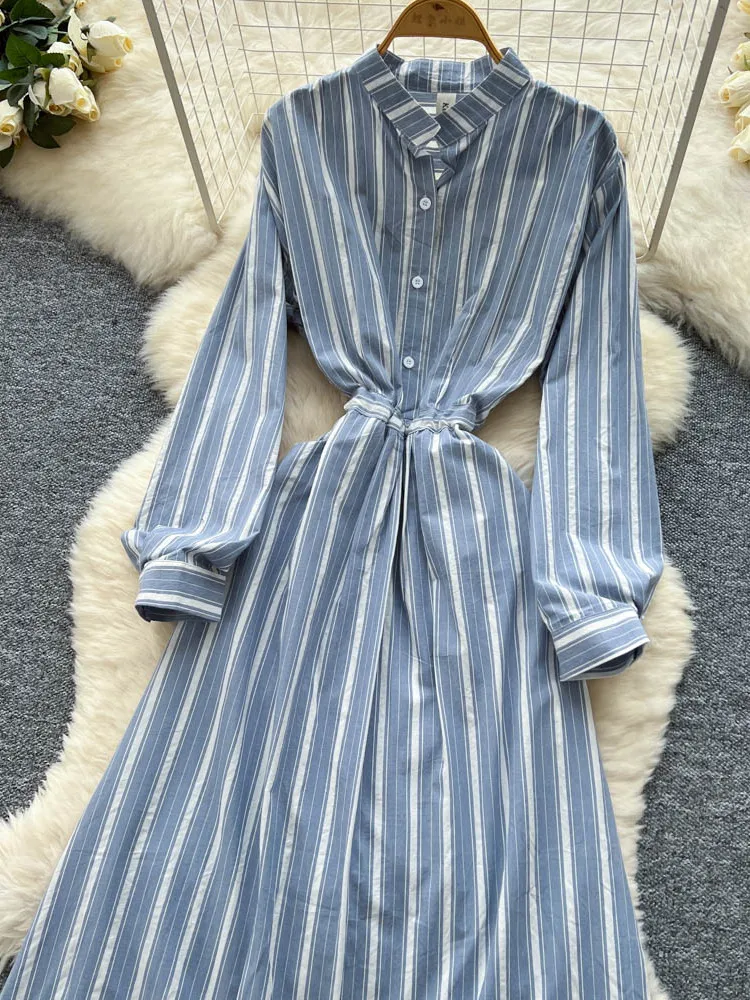 Sukienka damska w stylu francuskim w paski, nowa kolekcja 2025, sznurowana koszula z długim rękawem, sukienka midi, jesienna sukienka zapinana na jeden guzik, dopasowana.