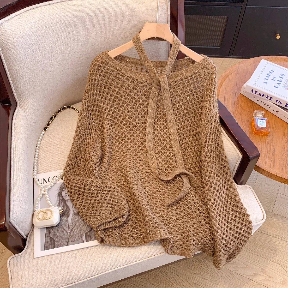 

Women's Coffee O-Neck Pullover Sweater Vintage 2000s Y2k Jumper Top Hollow Knitwear Korean Long Sleeves Cashmere Sweater Autumn