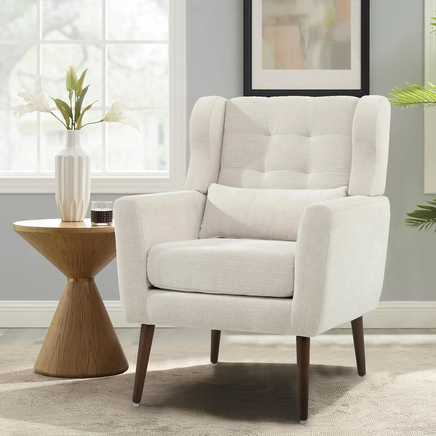 Chenille Tufted Wingback Armchair with Waist Pillow, Mid Century Accent Chair for Living Room Bedroom Beige, Customized