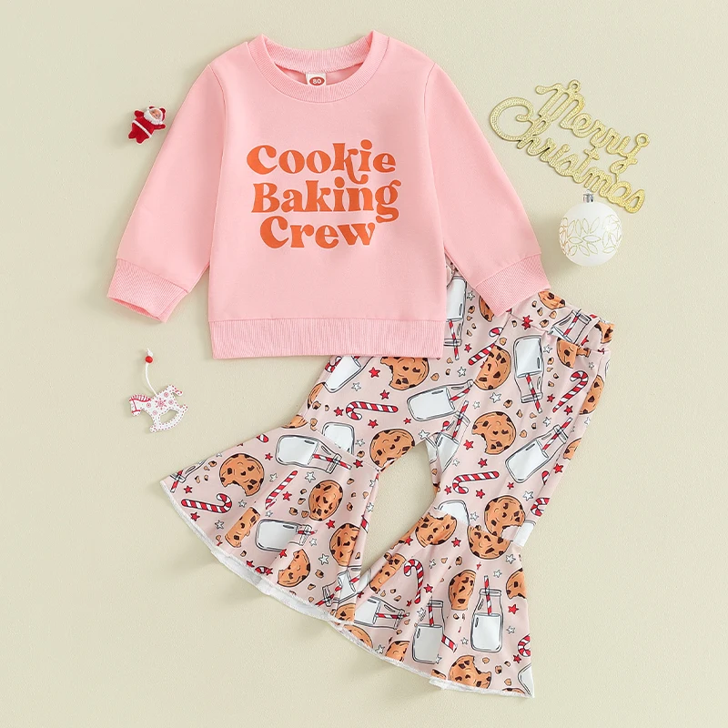 2023-09-05 Lioraitiin 6M-4Y Toddler Baby Girls Christmas Outfits Long Sleeve Letter Sweatshirt and Cookies Flared Pants Set Suit