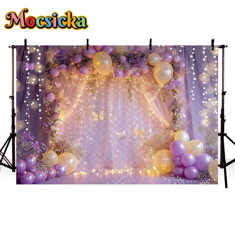 Mocsicka Photography Background Purple Arch Balloon Butterfly Glitter Girl Cake Smash Birthday Party Decor Backdrop Photo Studio