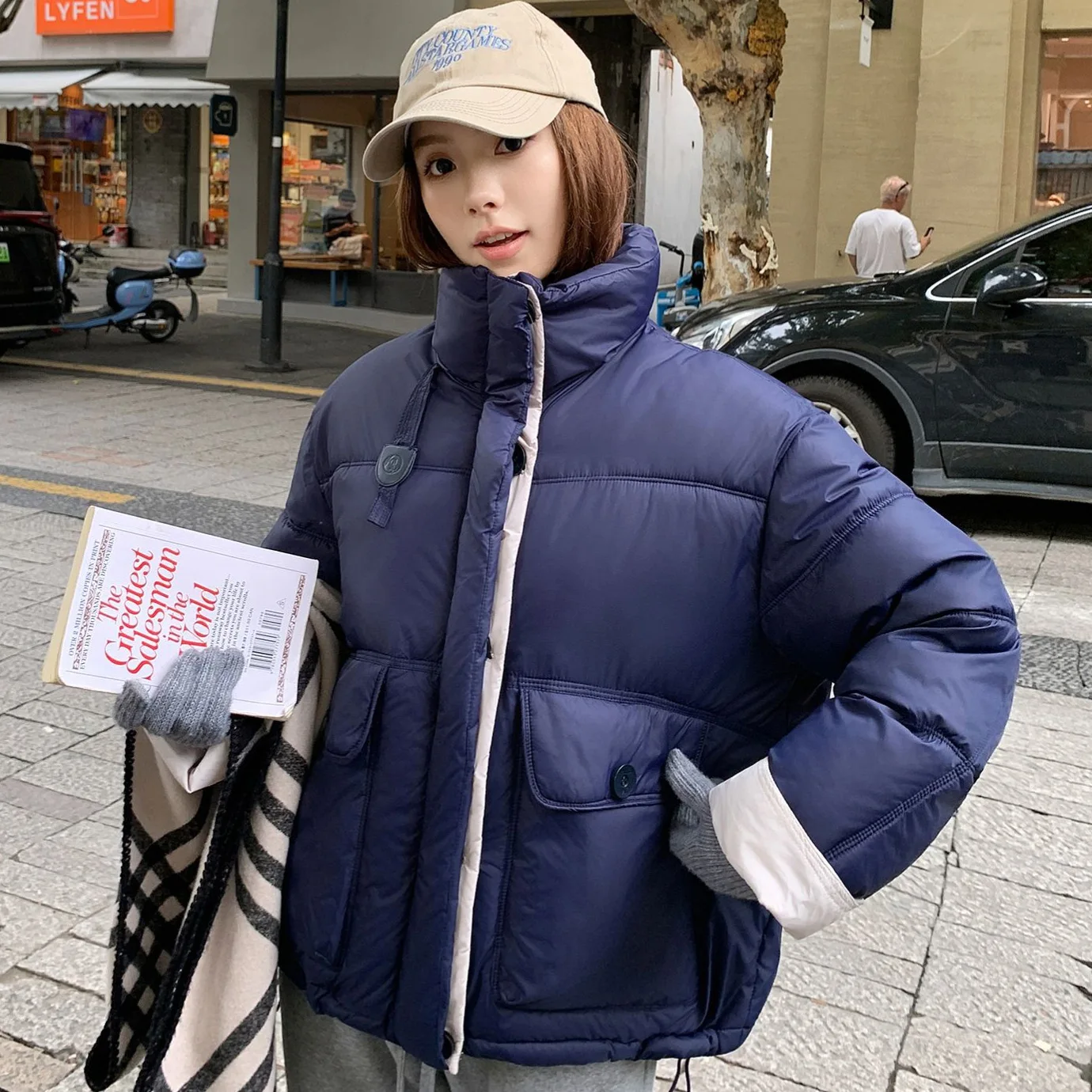 

Winter Fashion Patchwork Cotton Jacket For Women Korean Casual Simple Contrasting Color Thick Coat American Retro Warm Jackets