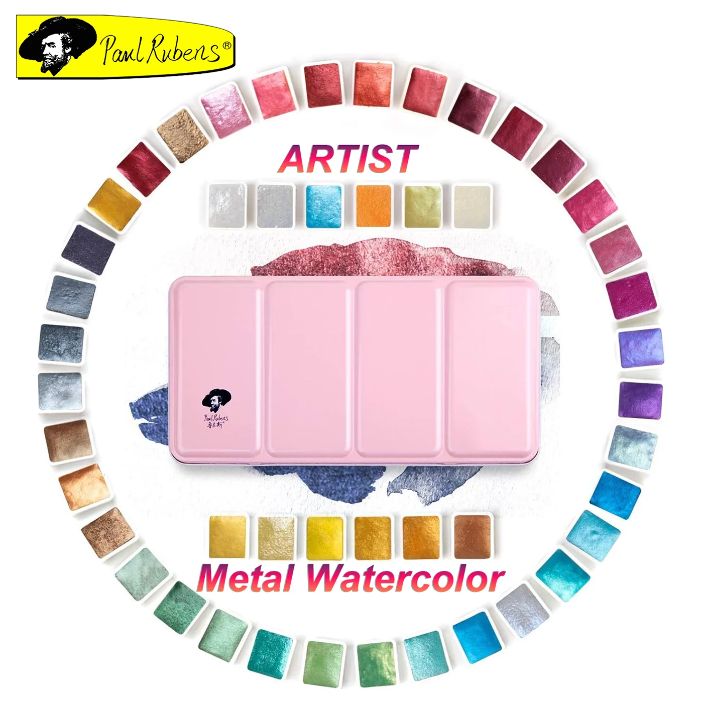 Paul Rubens Professional Artist Metal Watercolor Paint 48 Glossy Shiny Solid Drawing Pigment with Color Palette Art Supplies