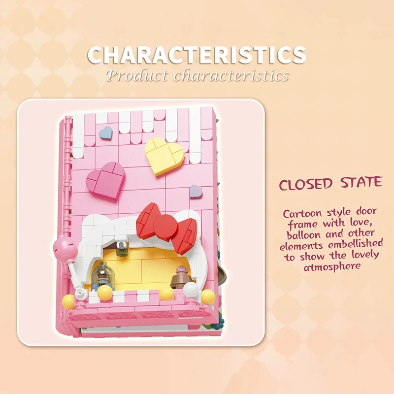 Pink Cat Magic Book Building Blocks Diy Flower Cartoon Door Frame Model Bricks Romantic Desktop Display Holiday Gifts Kids Toys