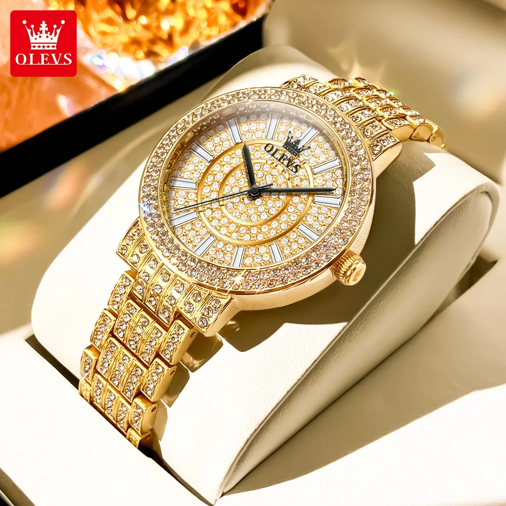 OLEVS 9904 Full Diamond Quartz Watch For Women Top Brand Luxury Wristwatch Original Waterproof Stainless Steel Woman Watches