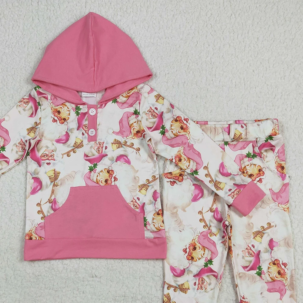 طقم ملابس بقلنسوة سانتا لعيد الميلاد الوردي للفتيات الصغيرات مع جيوب وزر وتفاصيل متطابقة للاحتفالات في العطلات